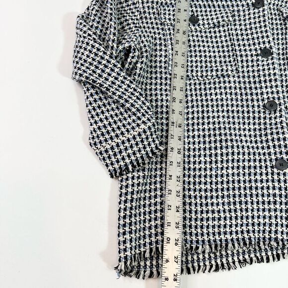 Zara Jacket Women's Medium Blue & White Button Down Houndstooth Raw Hemline - Picture 3 of 9